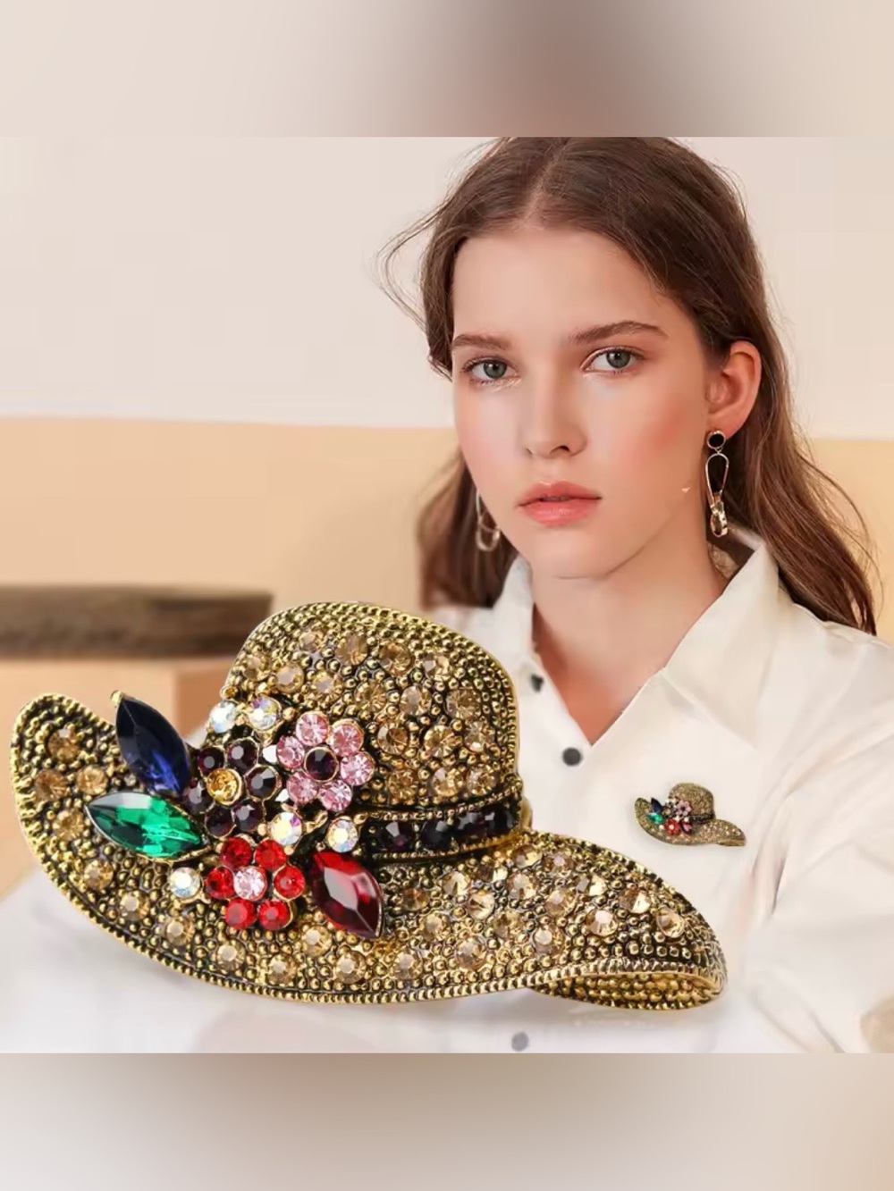 Fashion Retro Alloy Rhinestone Sun Hat For Women Vintage Flower Hat Brooch.